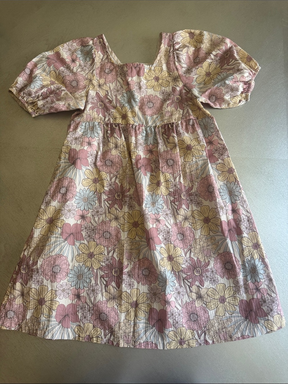 Girls Floral Puff-Sleeve Cotton Dress in Pink, Yellow, and Blue
